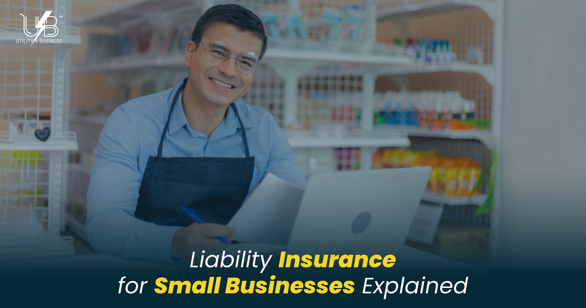 Liability insurance for small businesses – UK shop owner reviewing cover and quotes on laptop in store